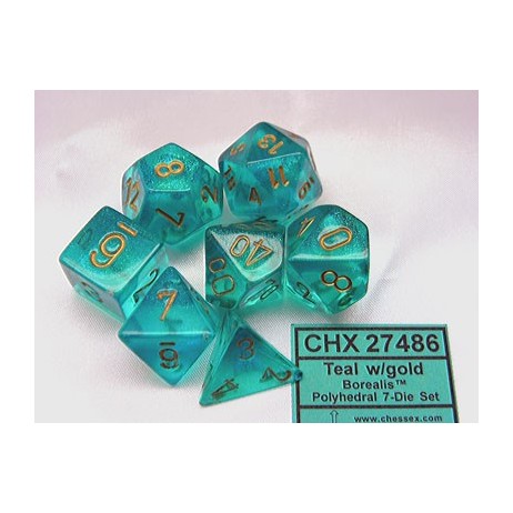 Chessex set de 7 dés Boréalis turquoise/or