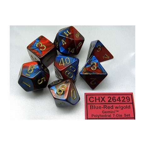 Chessex set de 7 dés Gémini bleu-rouge/or