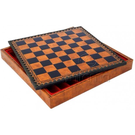 Plateau d'échecs 48x48 cm simili cuir brun noir