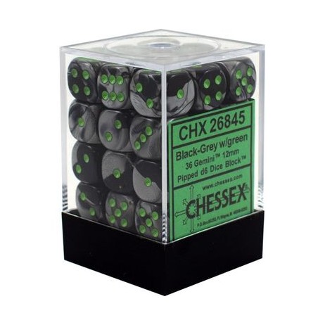 Chessex Set de 36 dés 6 Gemini Noir Gris/Vert