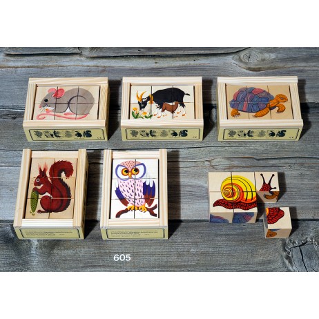 Puzzle Cubes x 6 animaux sur fond bois