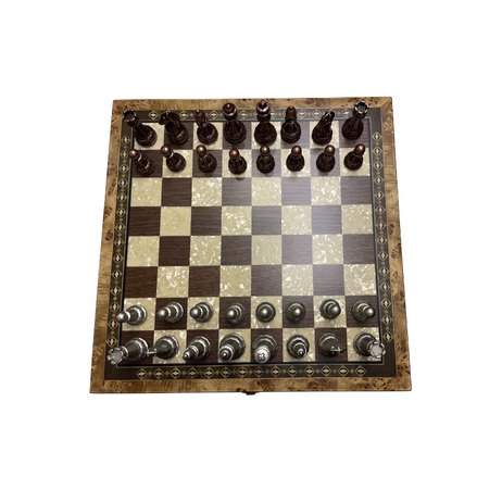 Coffret Echecs Noir/Nacre Pièces métal rose/ noir Mates