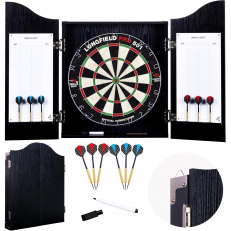 Armoire Cible en Bois Noir + Cible + 2 Jeux de Fléchettes