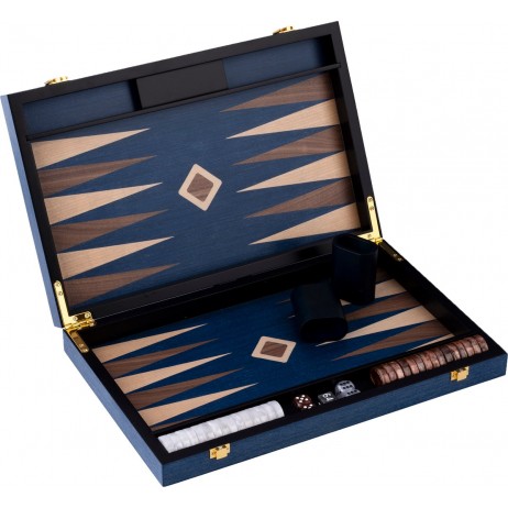 Backgammon Boîte Bleue en Loupe de noyer 38×24×5,5 cm