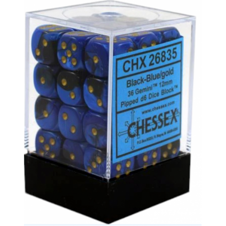 Set de 36 dés 6 Chessex Gemini Noir Bleu or