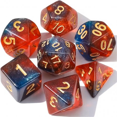 Kit De 7 Dès Galaxie Bleu Rouge Paillette