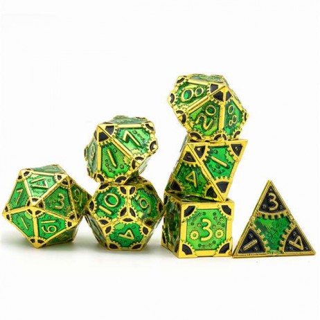 Set de dés Steampunk vert boite métal 