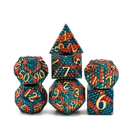 Set de dés écailles de dragon vert rouge boite métal