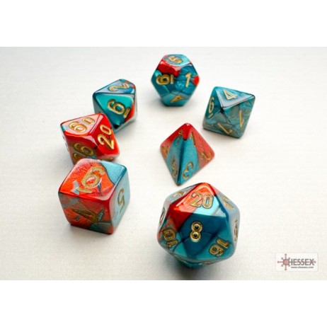 Set De 7 Mini Dès Rouge Bleu Chiffre Or